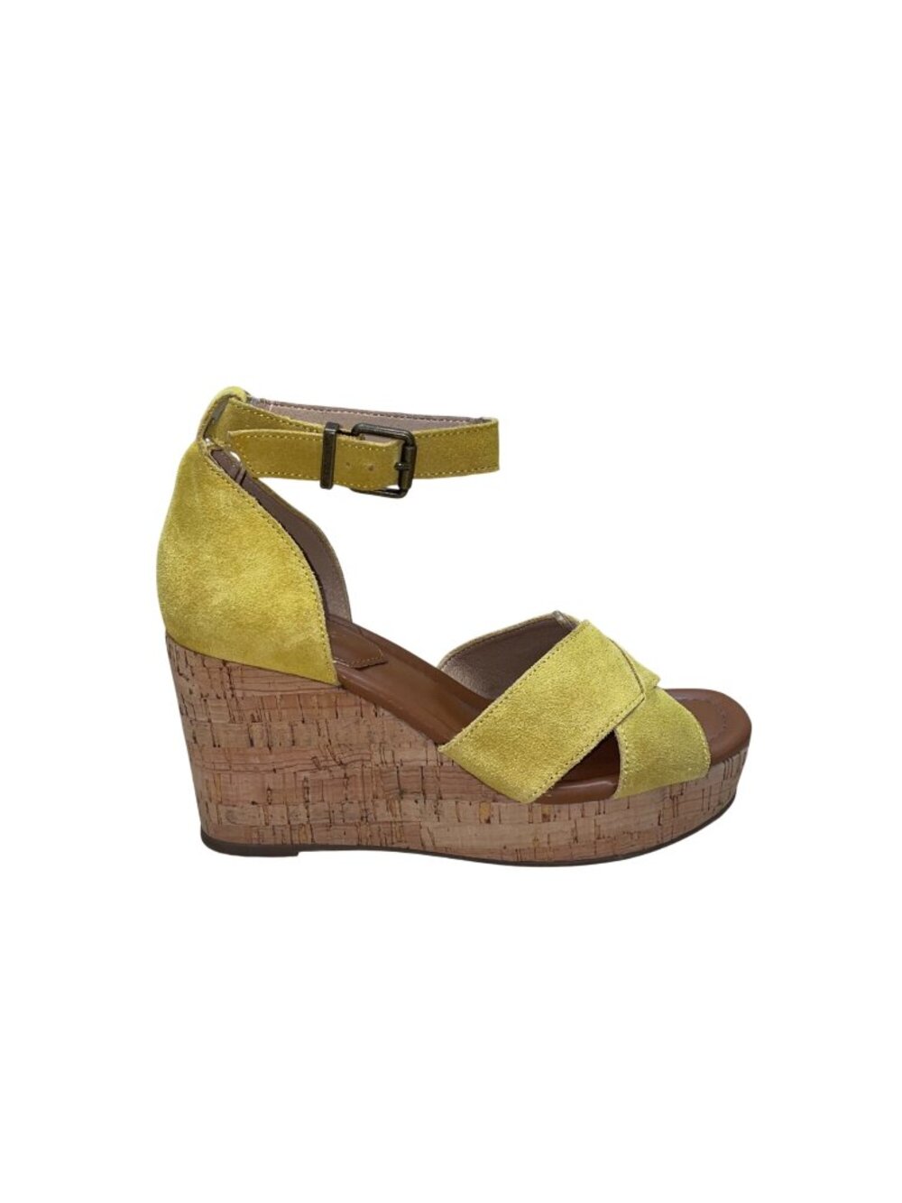Crown Vintage Women’s Yellow Suede Ankle Strap Cork Wedge Chalina Sandals Sz 8M